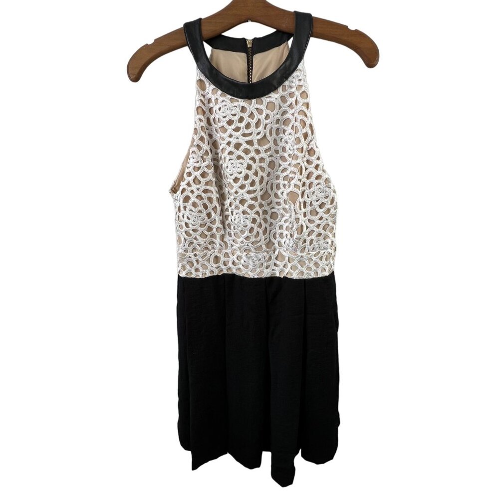 ABS Lace Detail Dress Size 10 Beige Lace Black Leather Trim High Neck Cocktail